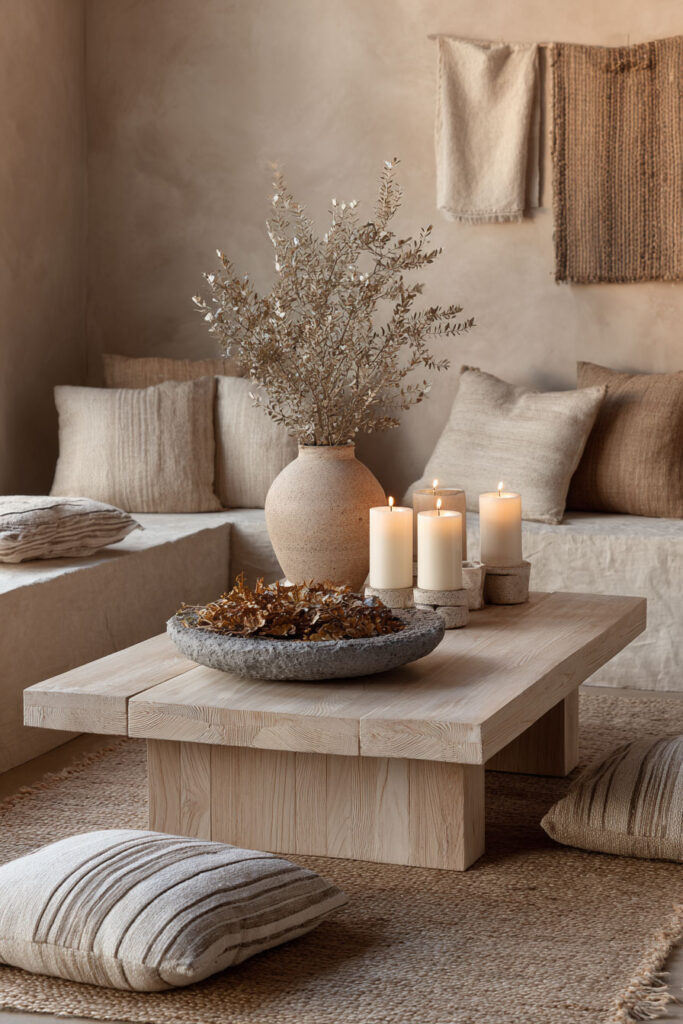 Minimalist fall living room featuring a light wood coffee table styled with pillar candles, a ceramic vase of dried olive branches, and a stone bowl centerpiece, surrounded by layered neutral pillows and textiles.