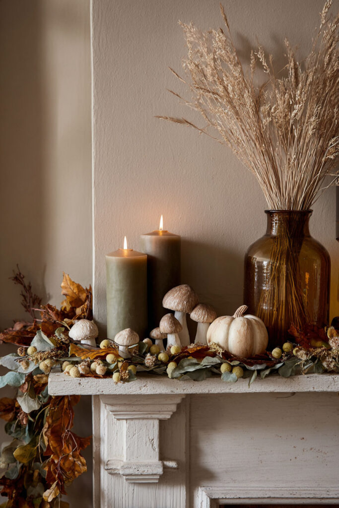 Rustic fall mantel decorated with tall green candles, small white pumpkin, wooden mushrooms, dried leaves, and a large amber vase filled with dried grasses.