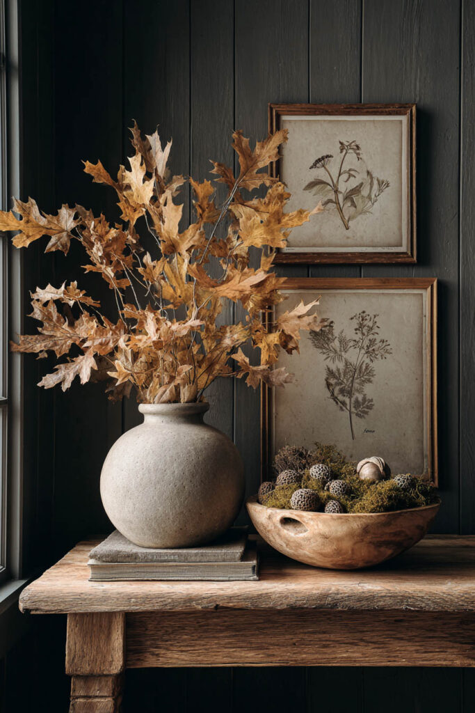 Rustic wooden table styled with a round stone vase filled with dried oak leaves, a wooden bowl of moss and natural pods, and framed vintage botanical prints on a dark wood wall.