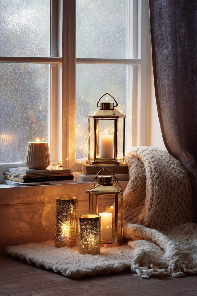 Window nook styled with gold lanterns, glowing candles, knit blanket, and books, set against a rainy window for cozy fall atmosphere.