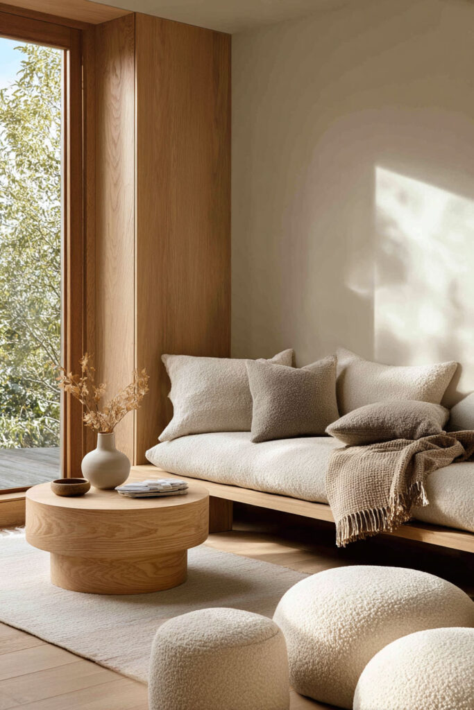 Minimalist fall living room with a light wood sofa frame, cream boucle cushions, layered neutral throw pillows, and a textured brown throw, styled with a round wood coffee table holding a ceramic vase of dried branches.