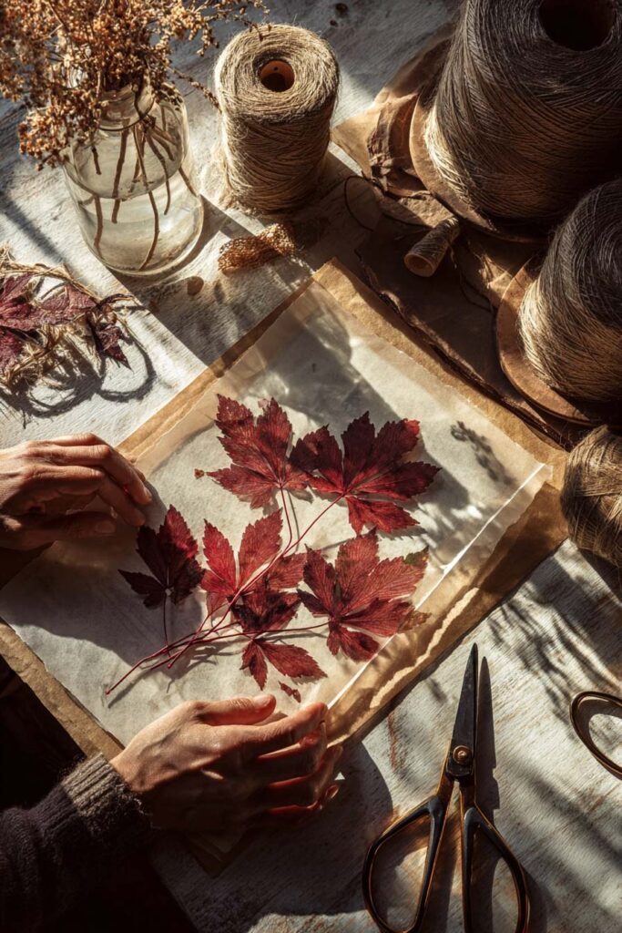 Hands arranging deep red pressed autumn leaves on parchment paper, surrounded by twine, scissors, and dried florals, creating rustic fall wall art for a cozy living room.
