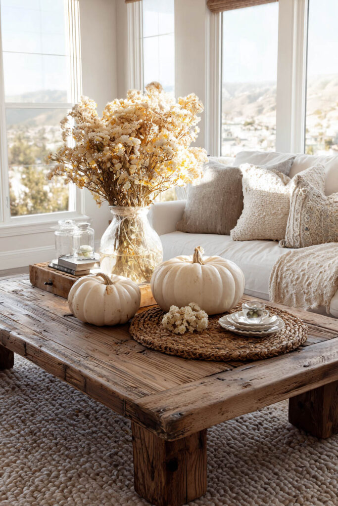 Fall living room coffee table styled with large white pumpkins, a woven round placemat, small stacked plates, and a glass vase filled with tall dried flowers, set in front of a white sofa with textured pillows and a chunky knit throw in a bright, sunlit room.