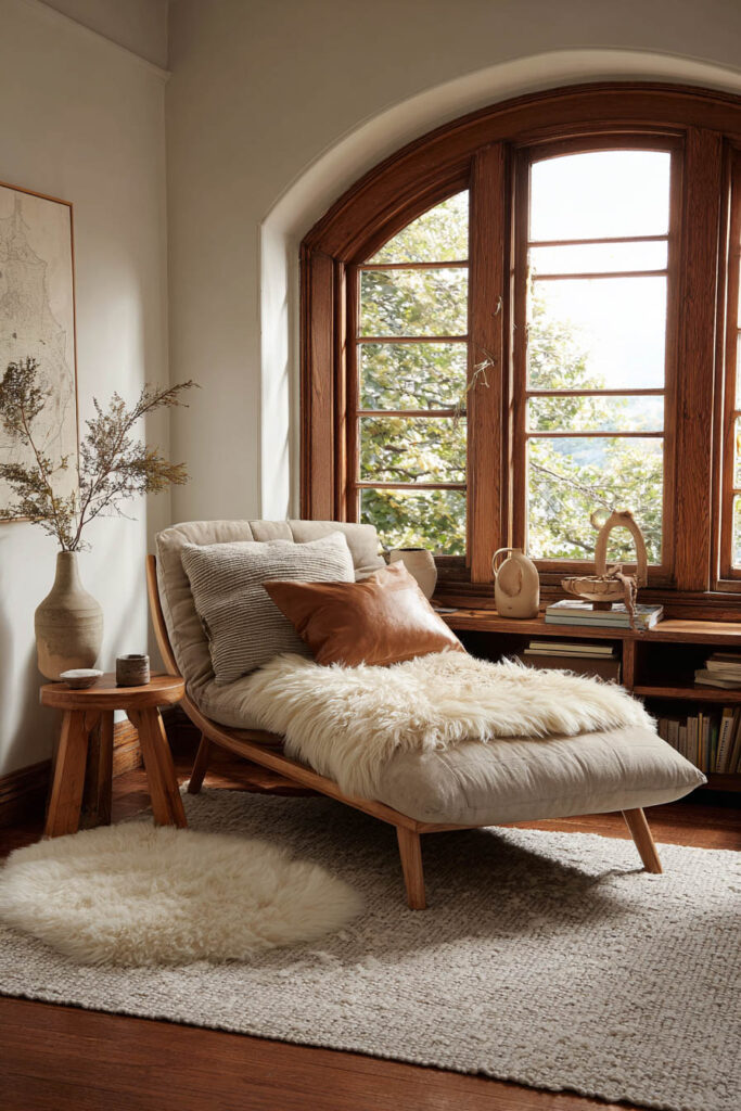A cozy fall living room corner with a tufted chaise lounge draped in a soft shearling throw, paired with a warm leather pillow, neutral area rug, and wood-framed arched window letting in autumn light.