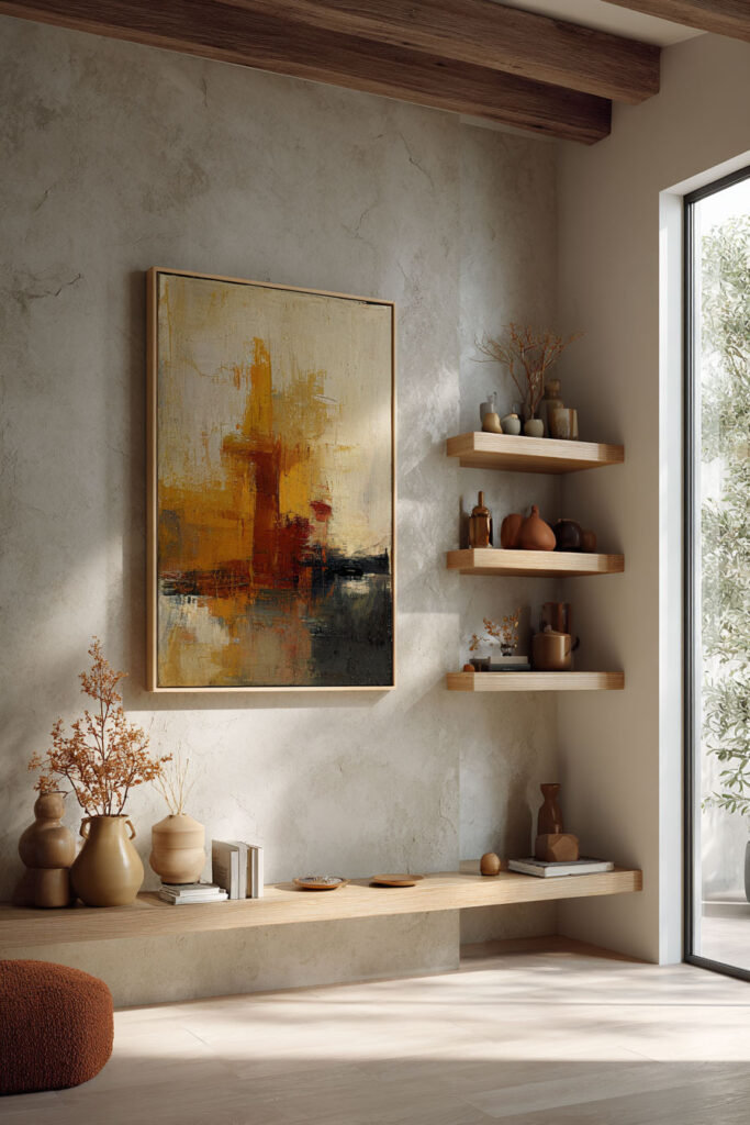 Modern fall living room with a large vertical abstract painting in warm gold, orange, and black tones, wood floating shelves styled with ceramic vases and autumn branches, and a low wood bench with seasonal decor.