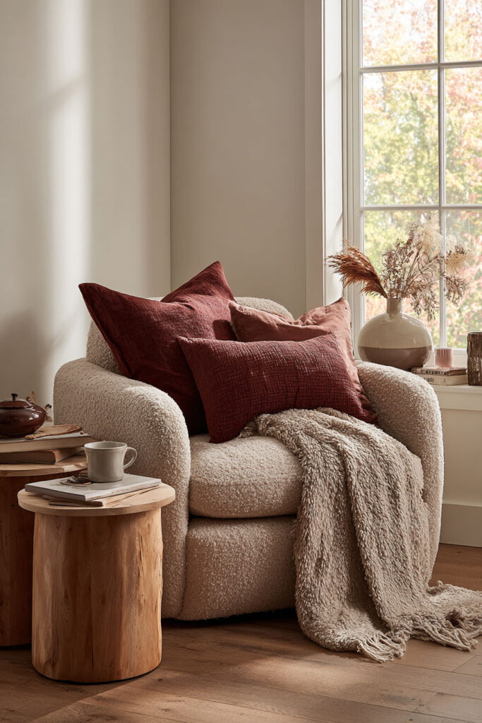 Warm and inviting fall reading nook featuring a cream boucle armchair with layered burgundy and terracotta pillows, draped with a textured beige throw blanket, round wood side tables with stacked books and tea, and a ceramic vase of dried grasses by a sunny window.