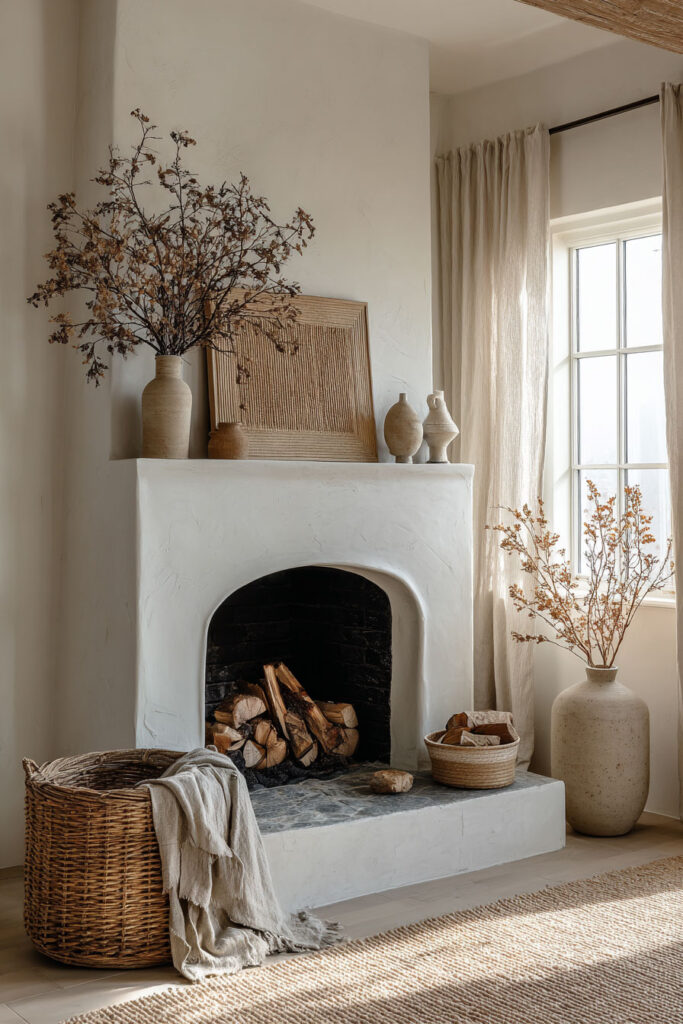 Minimalist white plaster fireplace decorated with neutral ceramic vases, dried branches, woven baskets with blankets, and stacked firewood for a cozy fall living room look.