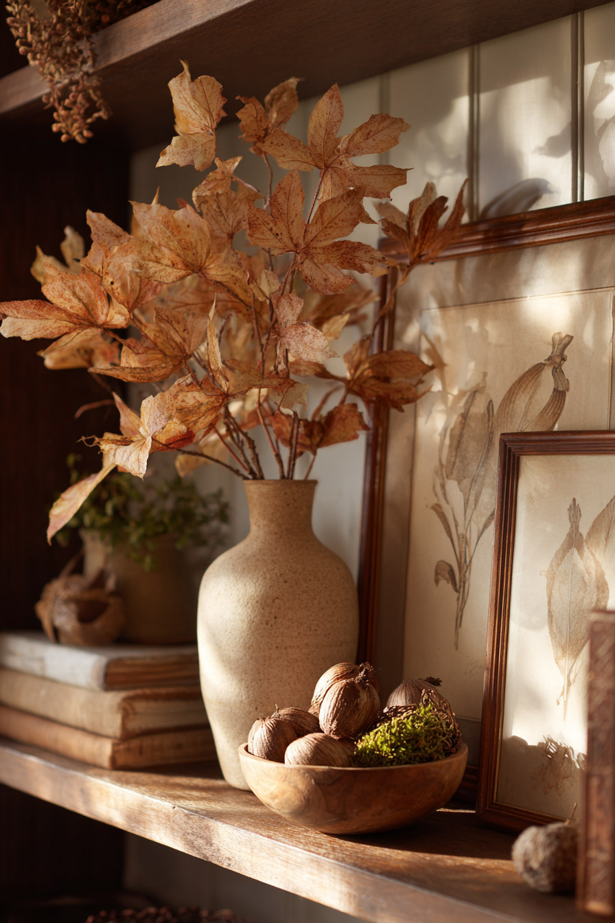 Wooden shelf styled with a textured stone vase filled with dried autumn leaves, a wooden bowl of nuts and moss, stacked vintage books, and framed botanical art.
