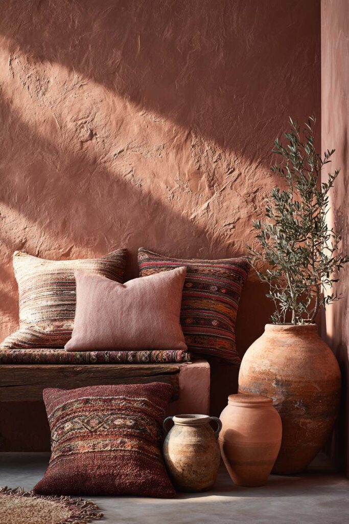  Warm fall living room corner with terracotta-textured wall, rustic clay vases, and patterned pillows in earthy red, burnt orange, and blush tones, styled for a cozy autumn atmosphere.