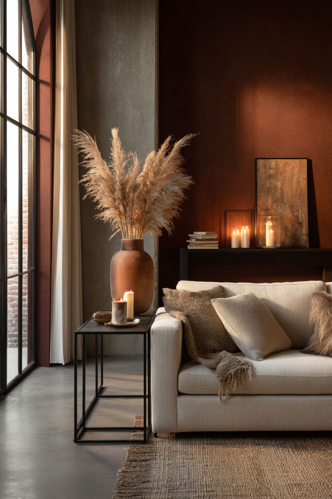 Cozy fall living room with a cream textured sofa, layered neutral pillows, a tall terracotta vase filled with pampas grass, and glowing candles against a deep rust accent wall.