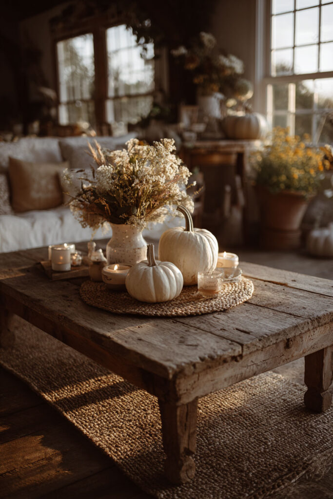 Rustic fall living room coffee table styled with two white pumpkins, a ceramic vase filled with dried flowers, woven placemat, and glowing candles, set in a cozy space with warm evening light streaming through large windows.