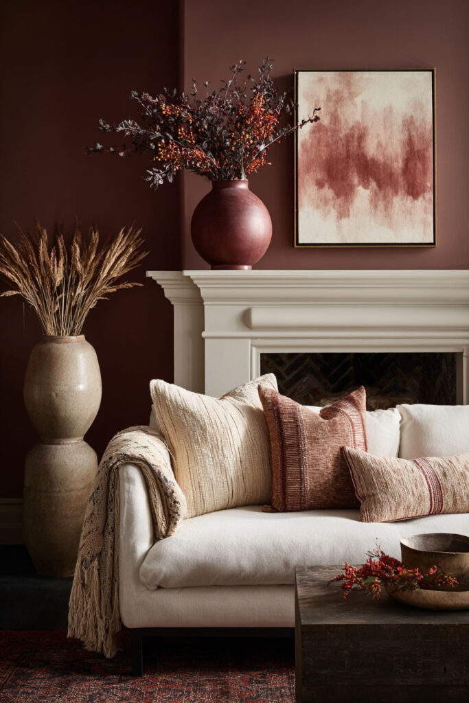 Elegant fall living room with deep red walls, a cream sofa layered with textured pillows in warm autumn tones, and decorative vases filled with dried grasses and berry branches.