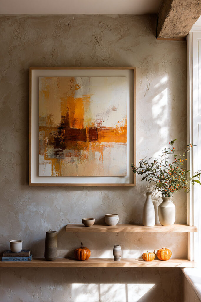 Cozy fall living room with a square abstract painting in warm orange and golden tones, wooden floating shelves styled with ceramic vases, small pumpkins, and seasonal greenery in natural light.