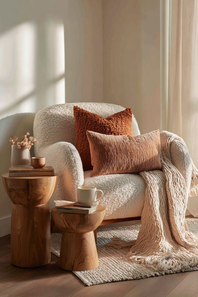 Cozy fall nook with a cream boucle armchair styled with rust and terracotta accent pillows, draped with a soft textured knit throw blanket, paired with two round wooden side tables topped with books, a mug, and a small ceramic vase, bathed in golden afternoon sunlight.