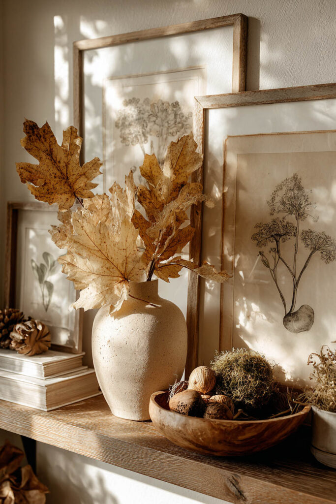 Wooden shelf styled with a ceramic vase holding dried oak leaves, framed botanical prints in natural wood frames, stacked books, and a wooden bowl filled with moss and nuts.