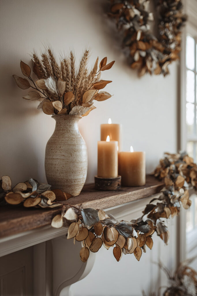 Neutral fall mantel decorated with a ceramic vase of wheat and dried leaves, three glowing pillar candles, and a golden leaf garland, creating a warm and rustic living room display.