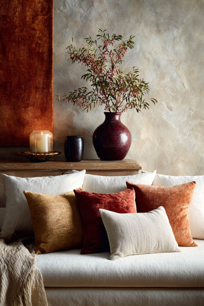 Cozy fall living room with a white sofa layered in rust, gold, and cream pillows, a textured beige throw, and a dark burgundy vase with berry branches on a rustic wood console.