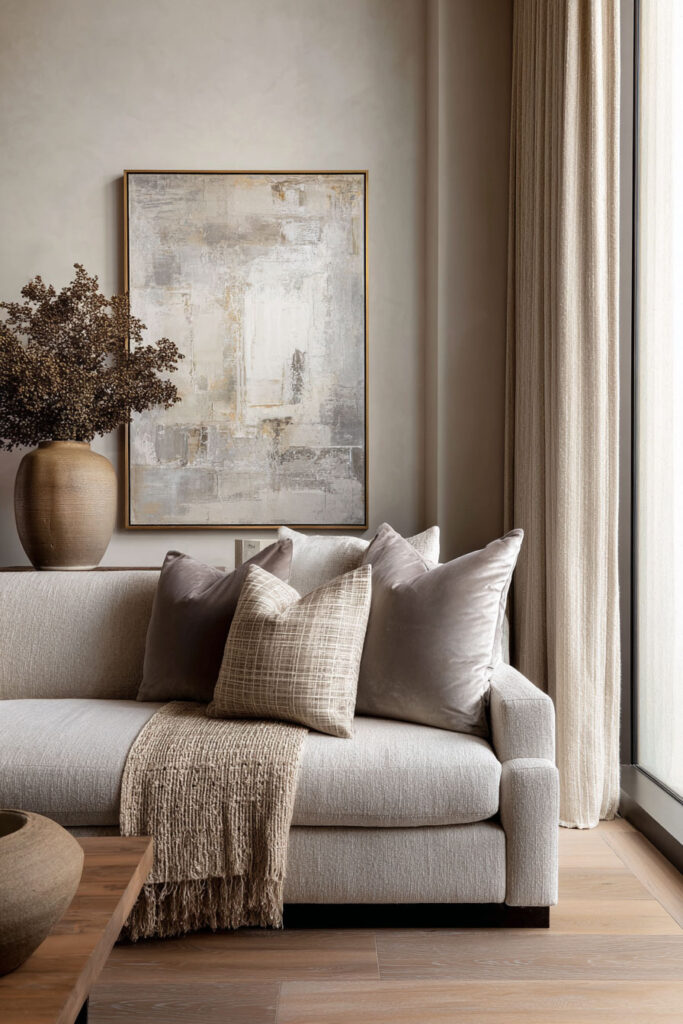 Elegant fall living room with a light beige sofa, soft velvet and patterned throw pillows, a fringed knit blanket, a large ceramic vase with dried foliage, and abstract wall art above.