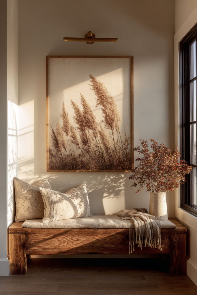 Warm fall living room corner with a rustic wooden bench, neutral linen cushions, pampas grass wall art, and a ceramic vase filled with autumn foliage in soft natural light.
