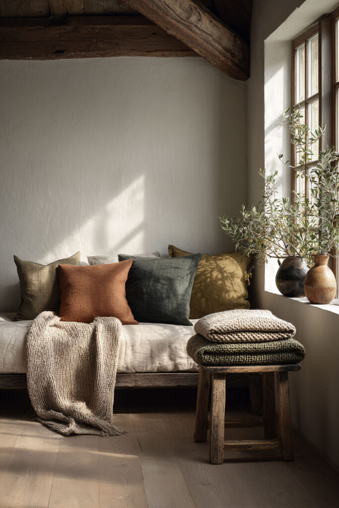 Rustic fall living room with a linen-covered daybed layered with earthy-tone pillows in rust, olive, and moss green, a chunky knit throw draped casually, folded blankets stacked on a weathered wooden stool, and clay vases with olive branches on a sunny windowsill.