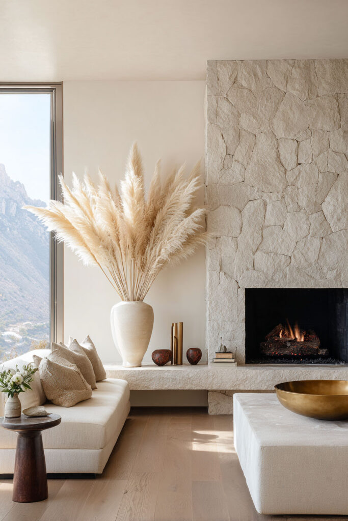 Minimalist living room with a large stone fireplace, cream sofa with textured pillows, a tall vase filled with pampas grass, and warm natural accents.