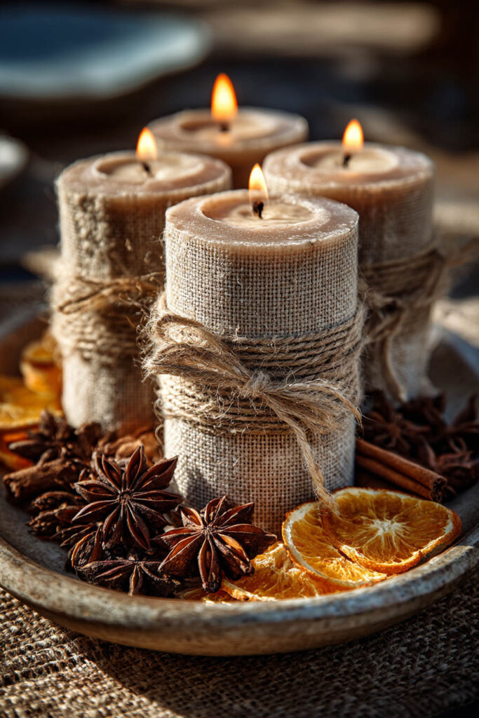 Rustic fall candles wrapped in burlap and twine, arranged on a tray with dried orange slices, star anise, and cinnamon sticks for a warm, seasonal living room accent.