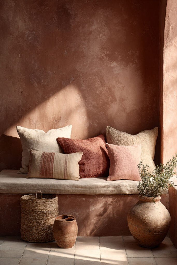 Cozy reading nook with a plastered terracotta wall, cushioned bench, and textured throw pillows in cream, blush, and rust tones, styled with woven baskets and clay vases for a warm autumn feel.