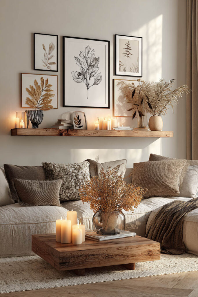 Warm fall living room with a neutral sofa layered in textured pillows, a rustic wood coffee table with candles and dried flowers, and a gallery wall of botanical prints above a floating wood shelf.