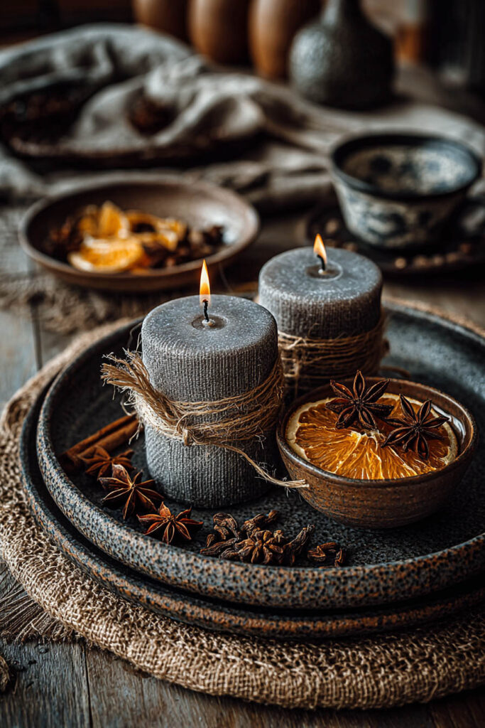 Two moody charcoal-gray candles wrapped in rustic twine, styled with dried orange slices and star anise on a textured tray for a cozy fall living room display.