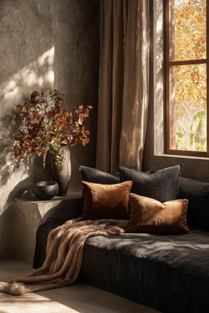 Moody fall living room with a charcoal textured sofa styled with rust velvet and black accent pillows, draped with a soft brown textured throw, tall vase of autumn branches against a plaster wall, and golden afternoon light streaming through a wooden-framed window.