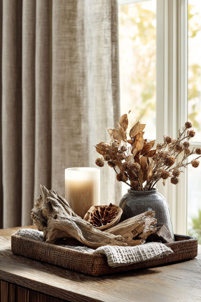 Cozy autumn vignette featuring a woven tray with driftwood, a ceramic vase of dried branches, a pillar candle, and textured linens on a wooden table.