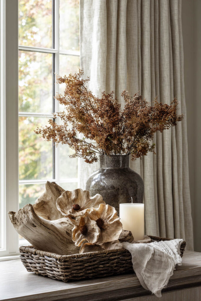 Rustic fall arrangement by a window, featuring a textured ceramic vase of dried blooms, a woven tray with driftwood, sculptural wood flowers, a pillar candle, and a soft linen cloth.