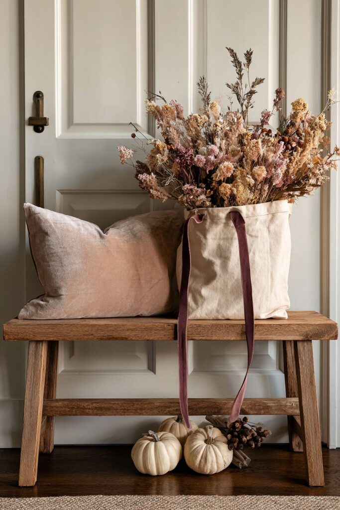 Neutral-toned fall entryway with a rustic wooden bench, soft beige pillow, canvas tote filled with dried flowers, and small white pumpkins arranged underneath, styled for a cozy living space.