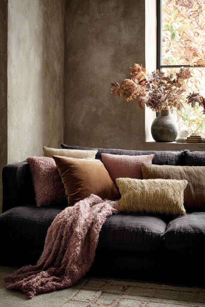 Cozy fall living room with a dark upholstered sofa layered with mixed pillows in velvet, woven, and boucle textures in shades of gold, blush, rust, and cream, draped with a soft pink textured throw, and a stone vase of dried autumn leaves on the windowsill.