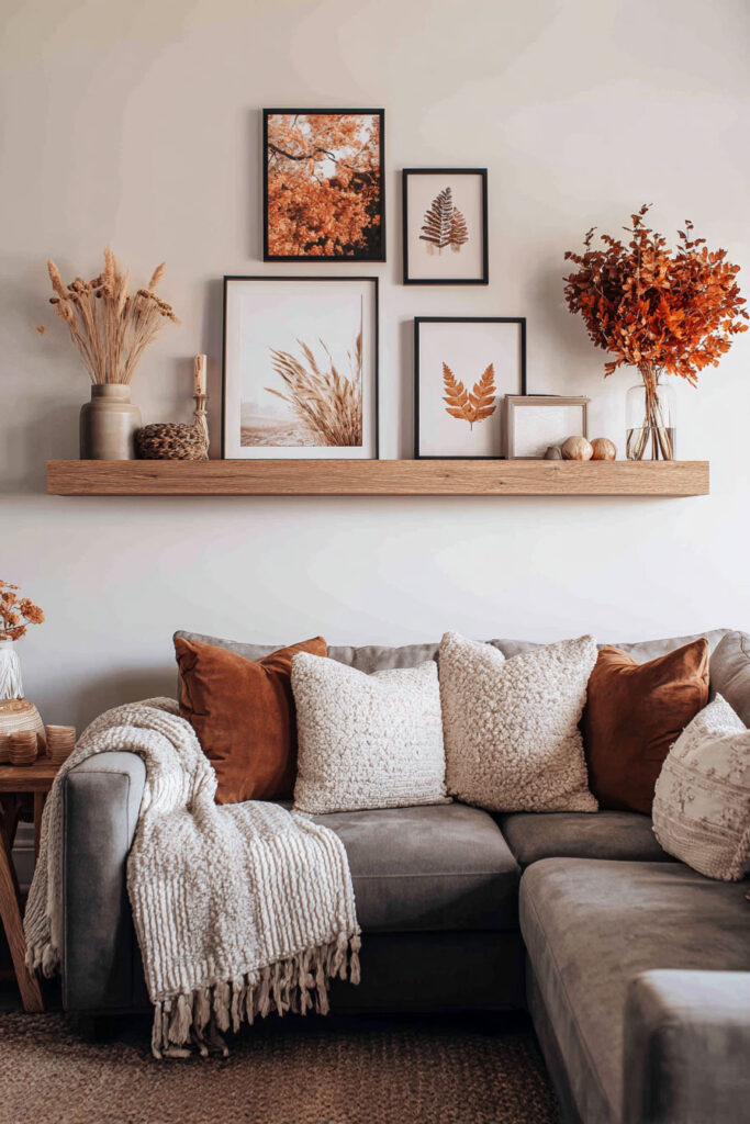 Warm and inviting fall living room with a gray sectional sofa layered in rust and cream pillows, a textured throw, and a floating wood shelf displaying framed leaf prints, autumn foliage, and dried grasses.