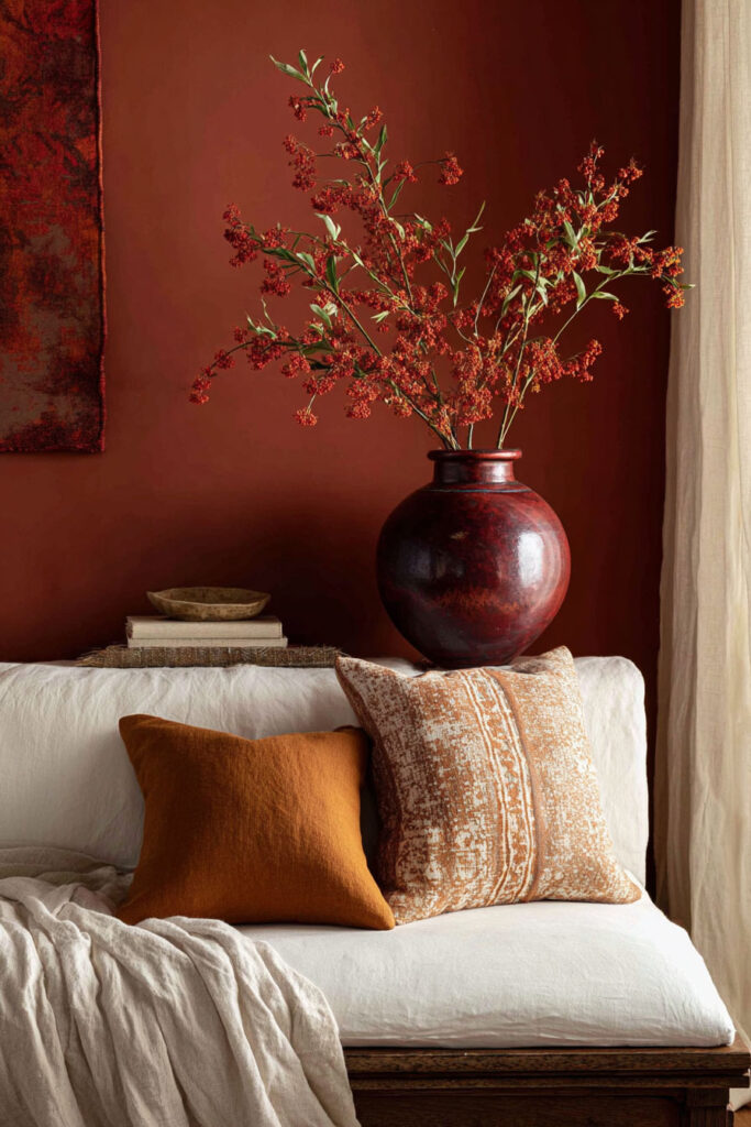 Cozy fall living room featuring a white sofa with burnt orange and patterned pillows, a soft linen throw, and a dark red vase filled with berry branches against a rich terracotta wall.