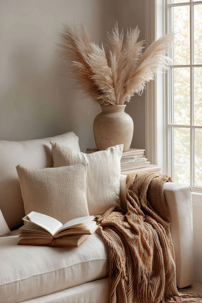 Warm and inviting fall living room corner with a cream sofa, textured neutral pillows, a soft brown throw blanket, an open book, and a large ceramic vase filled with pampas grass near a window.