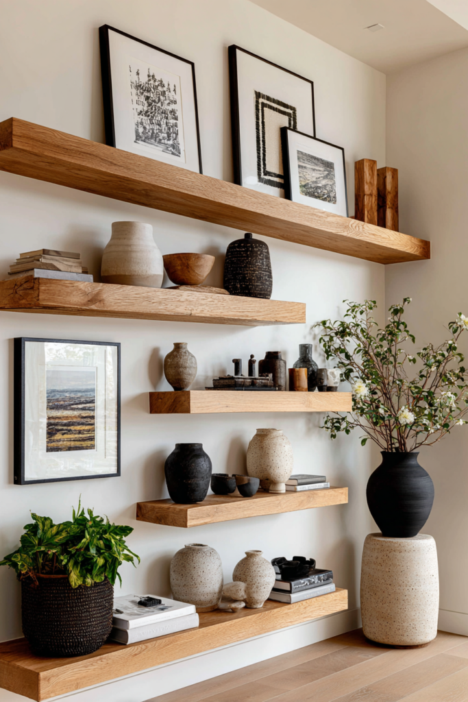 Wall of floating oak shelves styled with framed art, handmade ceramic vases, neutral-toned decor, and greenery for a warm, earthy, modern interior look.