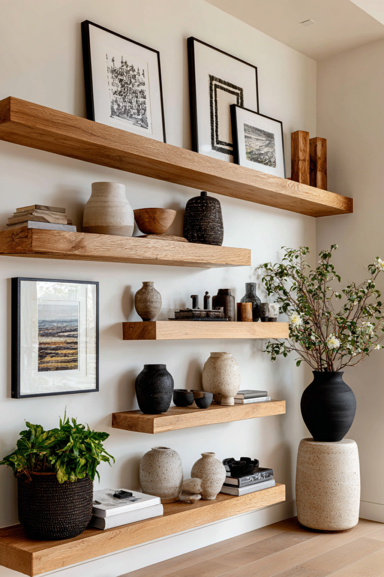 Wall of floating oak shelves styled with framed art, handmade ceramic vases, neutral-toned decor, and greenery for a warm, earthy, modern interior look.