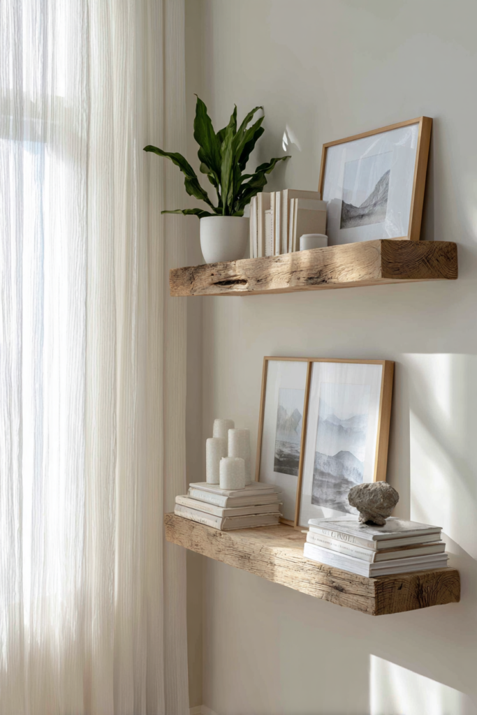 Rustic floating wood shelves styled with stacked neutral books, framed black-and-white art, white pillar candles, and a small potted plant in soft window light.