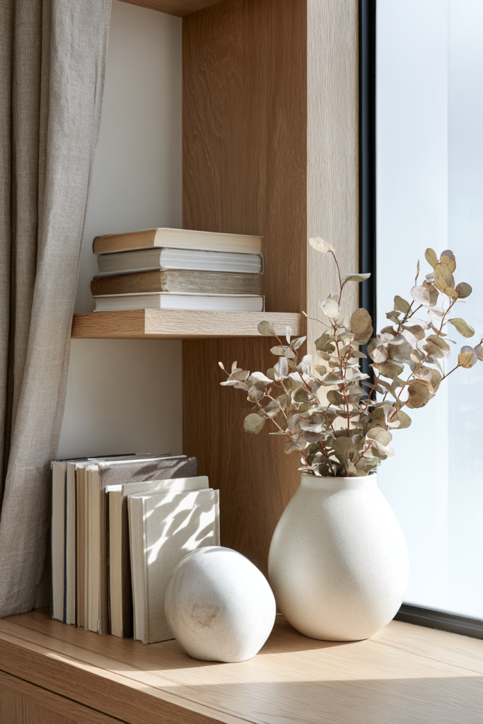Close-up of a modern wood shelf styled with stacked neutral books, a matte ceramic vase with dried eucalyptus, and soft natural light from a nearby window.