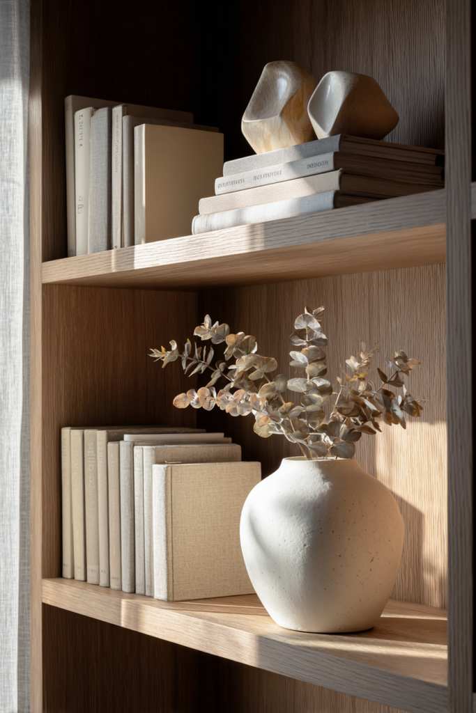 Bookshelf styled with soft beige books, a white ceramic vase with dried eucalyptus, and sculptural decor objects on natural wood shelves in warm light.