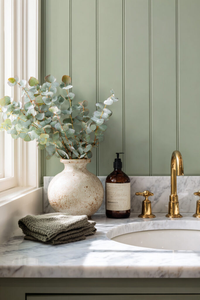 Sage green bathroom with marble countertop, brass faucet, ceramic vase with eucalyptus, and folded neutral towels for a cozy, timeless look.