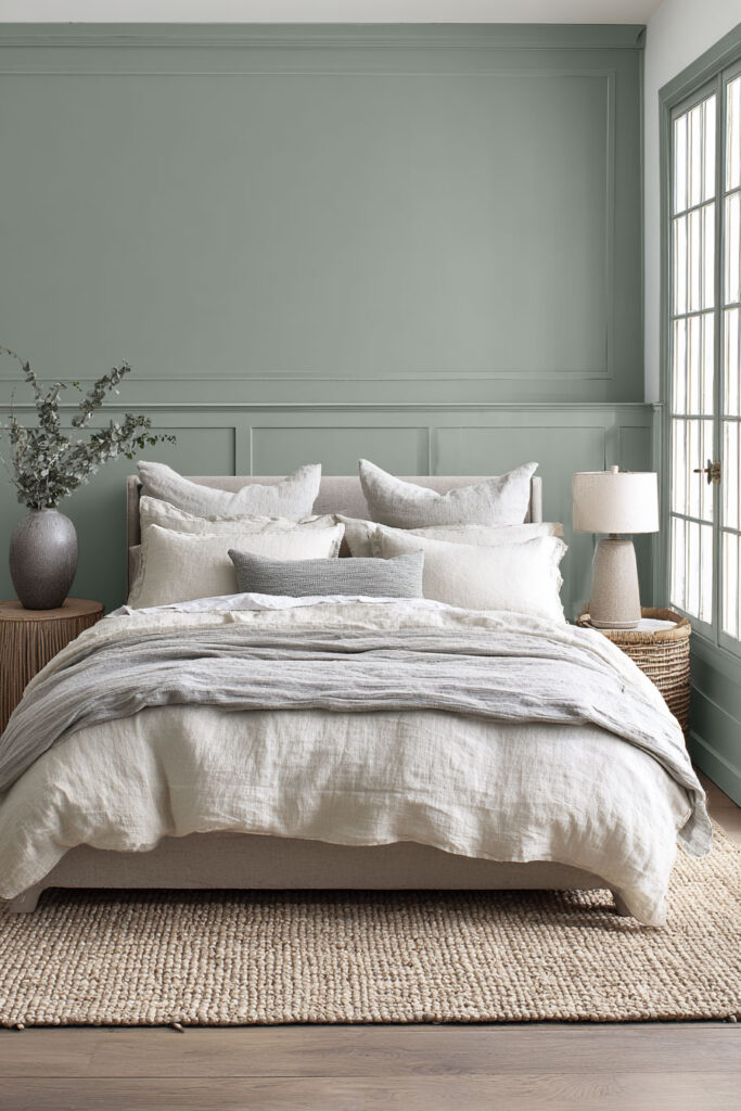 Sage green bedroom with linen bedding, woven nightstands, neutral accents, and natural light for a cozy, calming look.