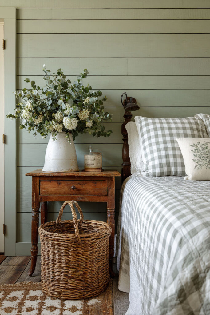 Sage green bedroom with shiplap wall, gingham bedding, rustic wood nightstand, and woven basket for cozy farmhouse decor.