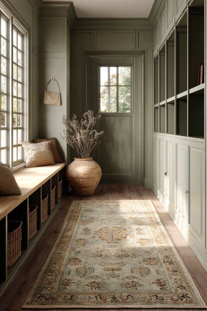 Sage green entryway with built-in bench, woven baskets, rustic clay vase, and vintage rug styled with cozy neutral accents.