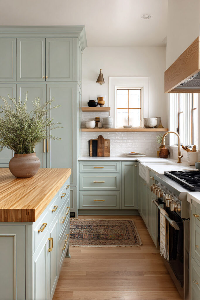 Sage green kitchen with shaker cabinets, brass hardware, butcher block island, open shelving, and a vintage rug for cozy modern style.