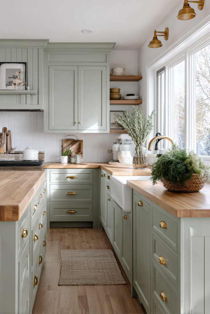 Sage green kitchen with shaker cabinets, brass hardware, farmhouse sink, wood countertops, and natural decor accents.