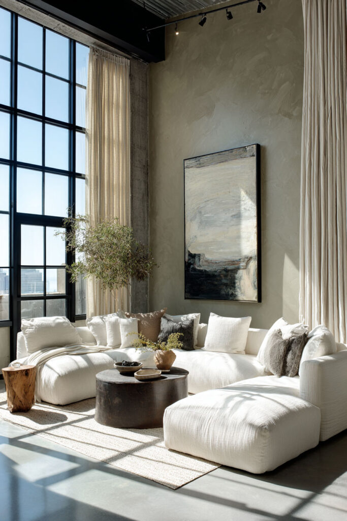 Sage green living room with tall industrial windows, white sectional sofa, modern abstract art, and neutral natural accents.