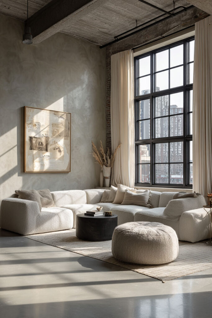 Loft-style living room with cream boucle sectional sofa, oversized pouf, black round coffee table, pampas grass decor, and large industrial windows letting in natural light.